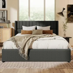 Lit rembourré hydraulique lit coffre 140x200 cm lit de rangement lit en métal lit cadre à lattes en bois lit double lin gris>Gutent Hot
