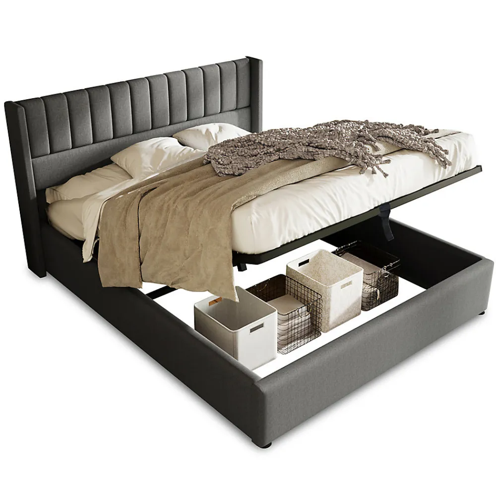 Lit rembourré hydraulique lit coffre 140x200 cm lit de rangement lit en métal lit cadre à lattes en bois lit double lin gris>Gutent Hot