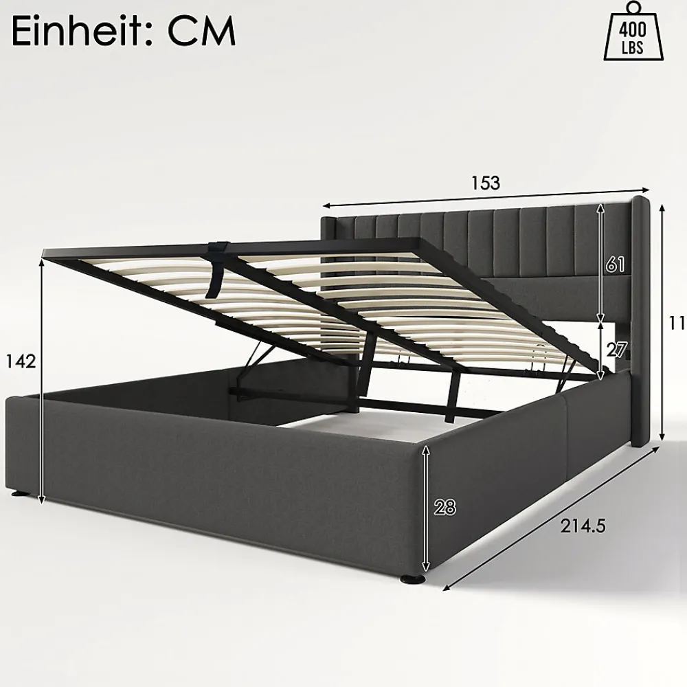 Lit rembourré hydraulique lit coffre 140x200 cm lit de rangement lit en métal lit cadre à lattes en bois lit double lin gris>Gutent Hot