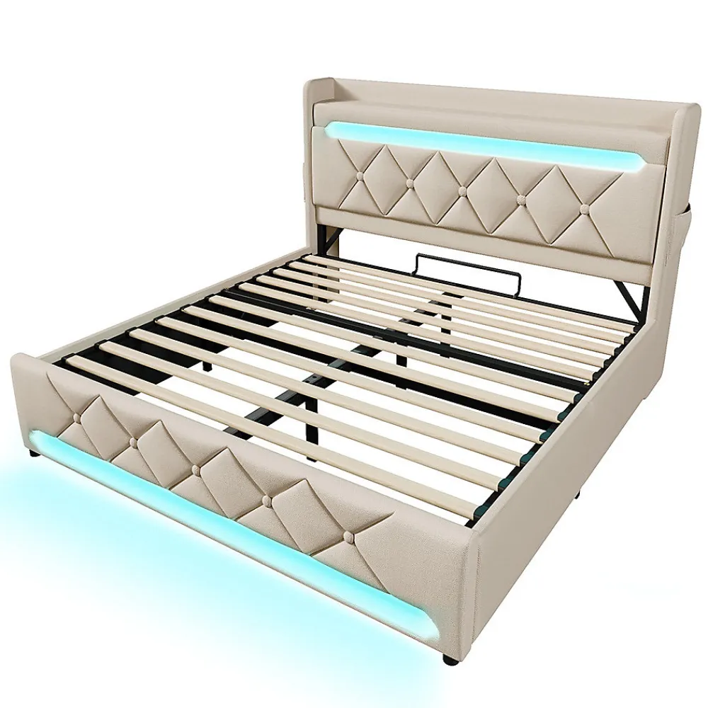 Lit rembourré hydraulique 180x200cm, lit double, espace de rangement en tête de lit avec port usb et type c,lin,beige,sans matelas>Gutent Hot