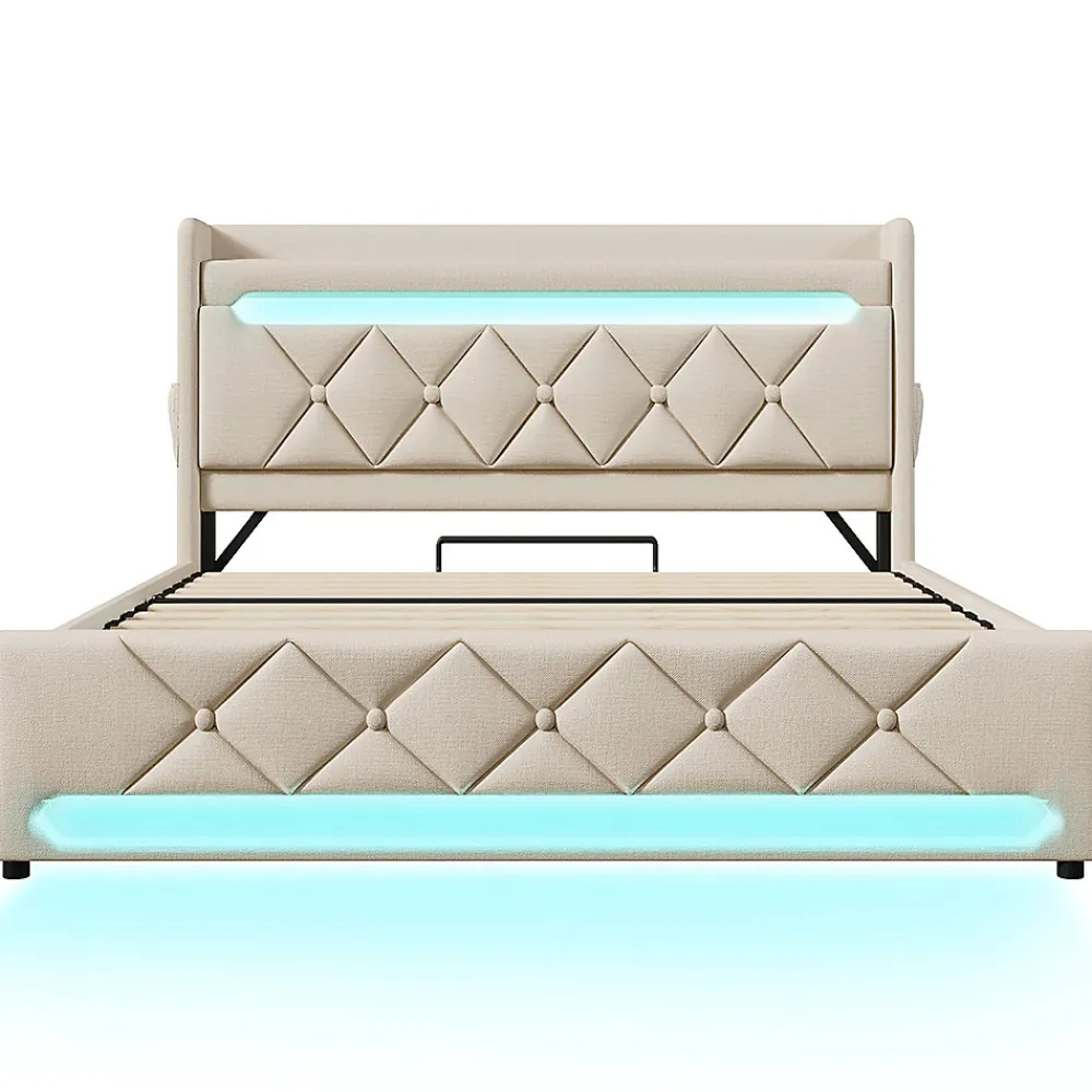Lit rembourré hydraulique 180x200cm, lit double, espace de rangement en tête de lit avec port usb et type c,lin,beige,sans matelas>Gutent Hot
