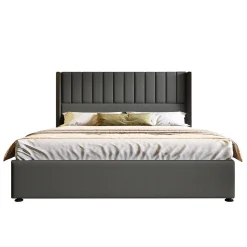 Lit rembourré hydraulique lit coffre lit 180x200 cm lit de rangement lit en métal lit cadre à lattes en bois lit double lin gris>Gutent Sale