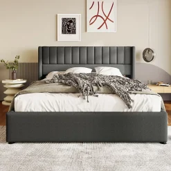 Lit rembourré hydraulique lit coffre lit 180x200 cm lit de rangement lit en métal lit cadre à lattes en bois lit double lin gris><noscript><img width=