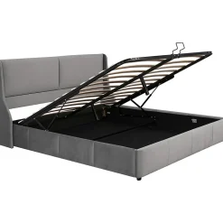 Gutent Lit rembourré hydraulique 160x200cm, lit double avec tête de coussin, forme d'oreille, lit fonctionnel, velours, gris* Lit Avec Rangement
