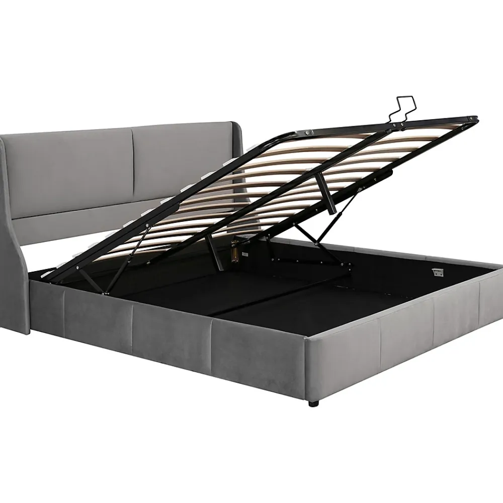 Gutent Lit rembourré hydraulique 160x200cm, lit double avec tête de coussin, forme d'oreille, lit fonctionnel, velours, gris* Lit Avec Rangement