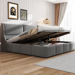 Gutent Lit rembourré hydraulique 160x200cm, lit double avec tête de coussin, forme d'oreille, lit fonctionnel, velours, gris* Lit Avec Rangement