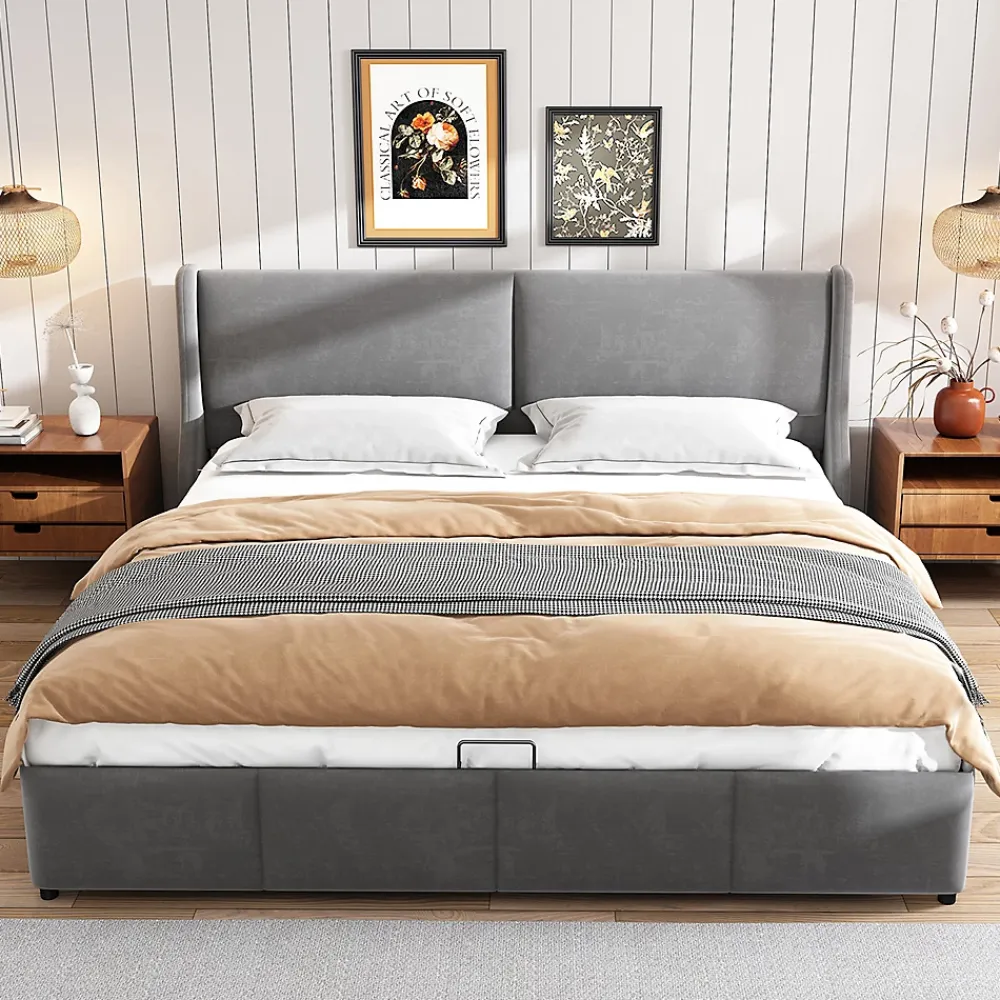 Gutent Lit rembourré hydraulique 160x200cm, lit double avec tête de coussin, forme d'oreille, lit fonctionnel, velours, gris* Lit Avec Rangement
