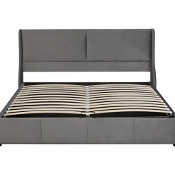 Gutent Lit rembourré hydraulique 160x200cm, lit double avec tête de coussin, forme d'oreille, lit fonctionnel, velours, gris* Lit Avec Rangement