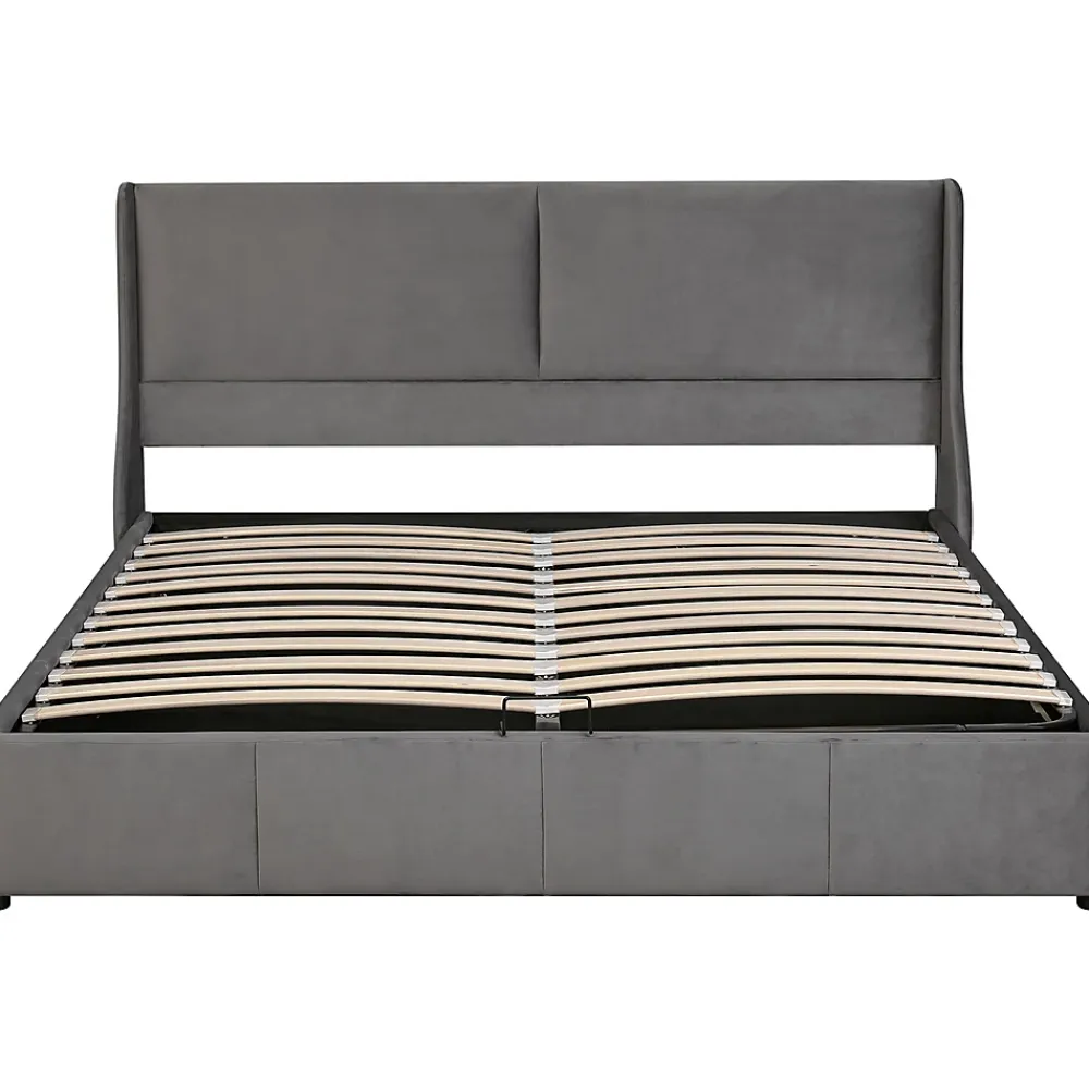 Gutent Lit rembourré hydraulique 160x200cm, lit double avec tête de coussin, forme d'oreille, lit fonctionnel, velours, gris* Lit Avec Rangement
