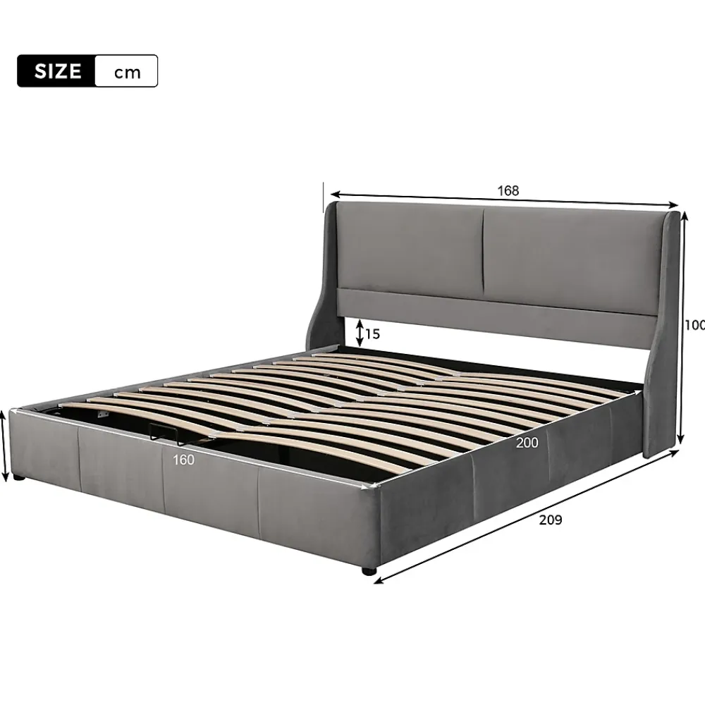 Gutent Lit rembourré hydraulique 160x200cm, lit double avec tête de coussin, forme d'oreille, lit fonctionnel, velours, gris* Lit Avec Rangement