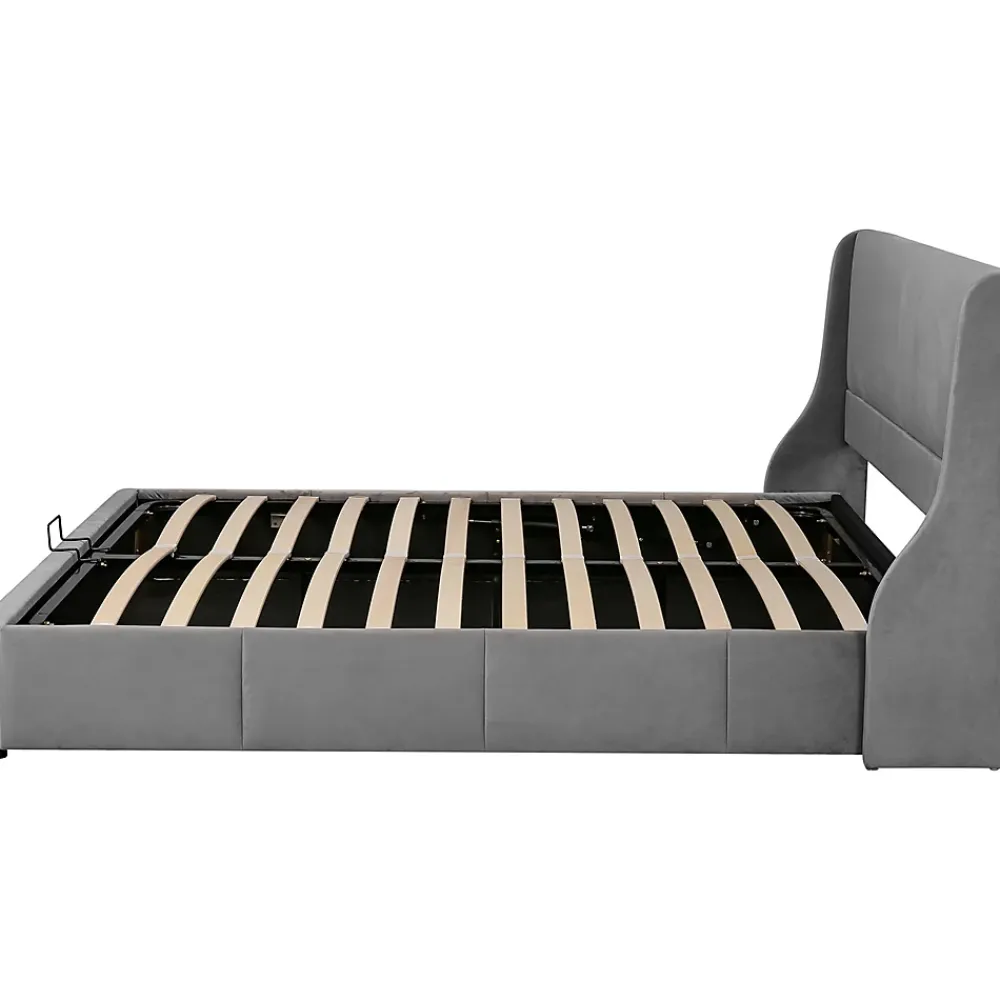 Gutent Lit rembourré hydraulique 160x200cm, lit double avec tête de coussin, forme d'oreille, lit fonctionnel, velours, gris* Lit Avec Rangement