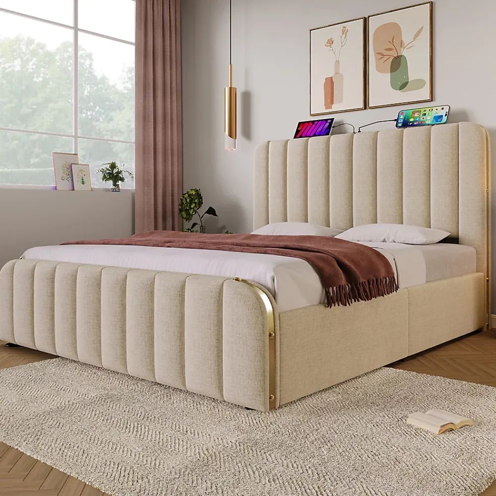 Gutent Lit rembourré hydraulique 140x200cm, tête de lit avec fonction de recharge USB Type-C, lit avec rangement, lin, beige,sans matelas* Lit Avec Rangement