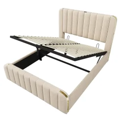 Gutent Lit rembourré hydraulique 140x200cm, tête de lit avec fonction de recharge USB Type-C, lit avec rangement, lin, beige,sans matelas* Lit Avec Rangement