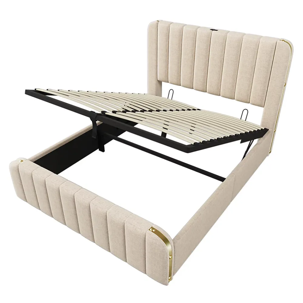 Gutent Lit rembourré hydraulique 140x200cm, tête de lit avec fonction de recharge USB Type-C, lit avec rangement, lin, beige,sans matelas* Lit Avec Rangement