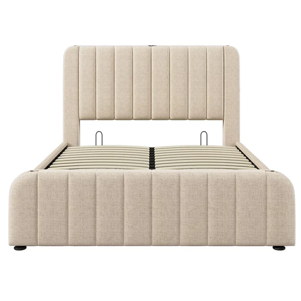 Gutent Lit rembourré hydraulique 140x200cm, tête de lit avec fonction de recharge USB Type-C, lit avec rangement, lin, beige,sans matelas* Lit Avec Rangement