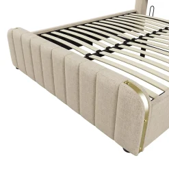 Gutent Lit rembourré hydraulique 140x200cm, tête de lit avec fonction de recharge USB Type-C, lit avec rangement, lin, beige,sans matelas* Lit Avec Rangement
