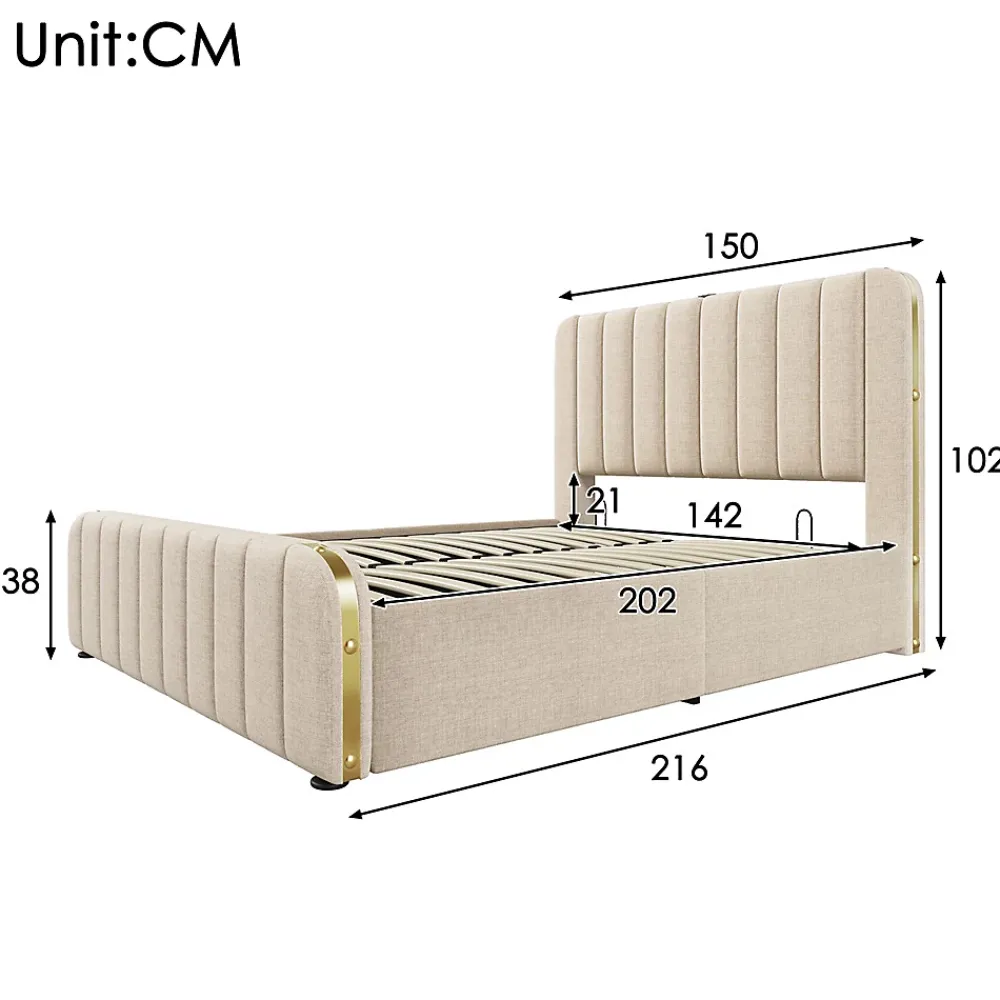 Gutent Lit rembourré hydraulique 140x200cm, tête de lit avec fonction de recharge USB Type-C, lit avec rangement, lin, beige,sans matelas* Lit Avec Rangement