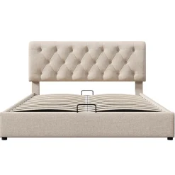 Lit rembourré hydraulique lit coffre 160x200 cm lit de rangement lit en métal lit double lin gris clair><noscript><img width=