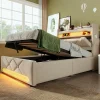 Lit rembourré hydraulique 90x200cm, Single, tête de lit de rangement avec port usb et type c, lin, beige, sans matelas>Gutent