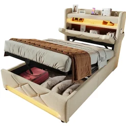 Lit rembourré hydraulique 90x200cm, Single, tête de lit de rangement avec port usb et type c, lin, beige, sans matelas>Gutent