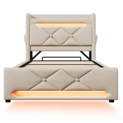 Lit rembourré hydraulique 90x200cm, Single, tête de lit de rangement avec port usb et type c, lin, beige, sans matelas><noscript><img width=