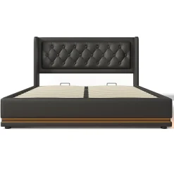 Lit rembourré hydraulique 180x200cm lit de rangement lit double avec fonction de charge usb type-c tête de lit pu noir>Gutent