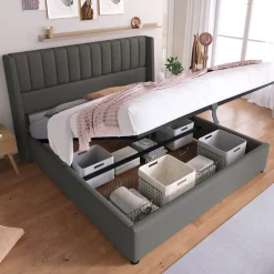 Lit rembourré hydraulique lit coffre lit 160x200 cm lit de rangement lit en métal lit cadre à lattes en bois lit double lin gris>Gutent Sale