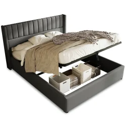 Lit rembourré hydraulique lit coffre lit 160x200 cm lit de rangement lit en métal lit cadre à lattes en bois lit double lin gris>Gutent Sale