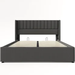 Lit rembourré hydraulique lit coffre lit 160x200 cm lit de rangement lit en métal lit cadre à lattes en bois lit double lin gris><noscript><img width=