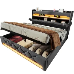 Gutent Lit rembourré hydraulique 140x200cm, lit double, espace de rangement tête de lit avec port usb et type c, lin, gris, sans matelas* Lit Avec Rangement