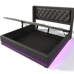 Gutent Lit rembourré hydraulique 160x200cm lit de rangement lit double avec fonction de charge usb type-c tête de lit pu noir* Lit Avec Rangement|Lit Double
