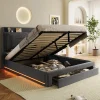 Lit rembourré hydraulique 160x200cm, tiroirs de rangement, avec sommier à lattes, sans matelas, velours, gris foncé>Gutent Sale