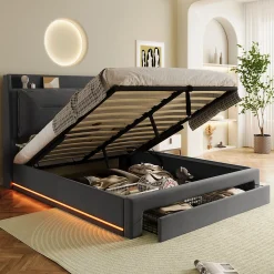 Lit rembourré hydraulique 160x200cm, tiroirs de rangement, avec sommier à lattes, sans matelas, velours, gris foncé>Gutent Sale