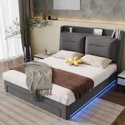 Lit rembourré hydraulique 160x200cm, tiroirs de rangement, avec sommier à lattes, sans matelas, velours, gris foncé>Gutent Sale