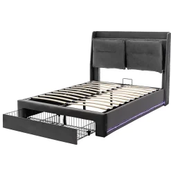 Lit rembourré hydraulique 160x200cm, tiroirs de rangement, avec sommier à lattes, sans matelas, velours, gris foncé><noscript><img width=