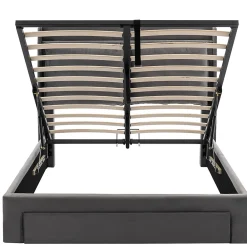 Lit rembourré hydraulique 160x200cm, tiroirs de rangement, avec sommier à lattes, sans matelas, velours, gris foncé><noscript><img width=