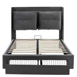 Lit rembourré hydraulique 160x200cm, tiroirs de rangement, avec sommier à lattes, sans matelas, velours, gris foncé><noscript><img width=
