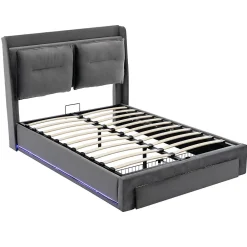 Lit rembourré hydraulique 160x200cm, tiroirs de rangement, avec sommier à lattes, sans matelas, velours, gris foncé><noscript><img width=