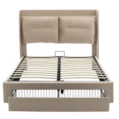 Lit rembourré hydraulique 160x200cm, tiroirs de rangement, avec sommier à lattes, sans matelas, velours, beige><noscript><img width=