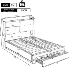 Lit rembourré hydraulique 160x200cm, tiroirs de rangement, avec sommier à lattes, sans matelas, velours, beige><noscript><img width=