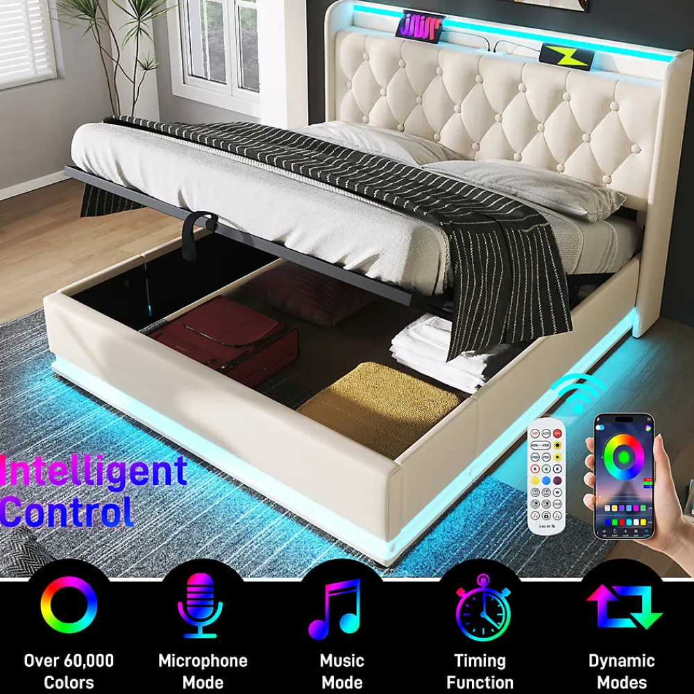 Lit rembourré hydraulique 140x200cm, lit de rangement, tête de lit avec fonction de chargement usb typ-c, pu, blanc, sans matelas>Gutent Clearance