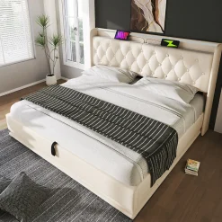 Lit rembourré hydraulique 140x200cm, lit de rangement, tête de lit avec fonction de chargement usb typ-c, pu, blanc, sans matelas>Gutent Clearance