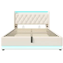 Lit rembourré hydraulique 140x200cm, lit de rangement, tête de lit avec fonction de chargement usb typ-c, pu, blanc, sans matelas><noscript><img width=