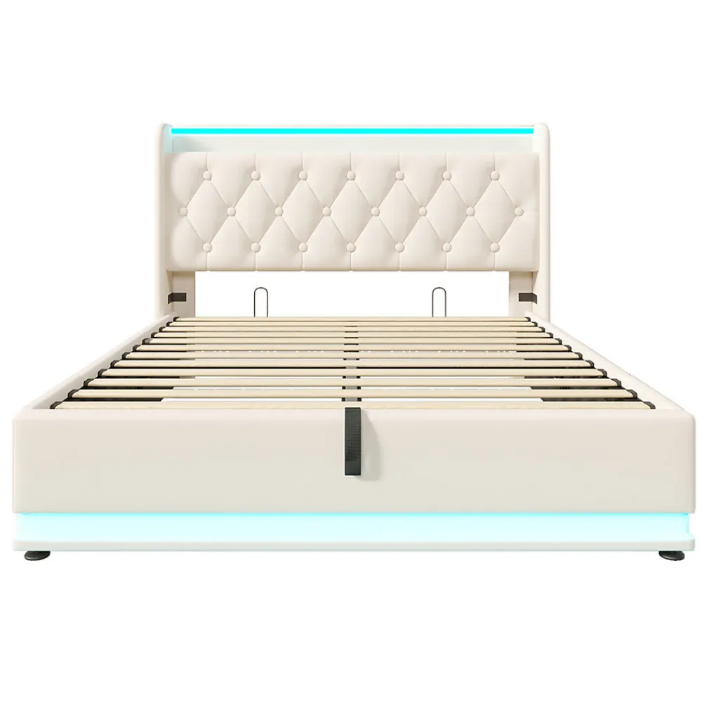 Lit rembourré hydraulique 140x200cm, lit de rangement, tête de lit avec fonction de chargement usb typ-c, pu, blanc, sans matelas>Gutent Clearance