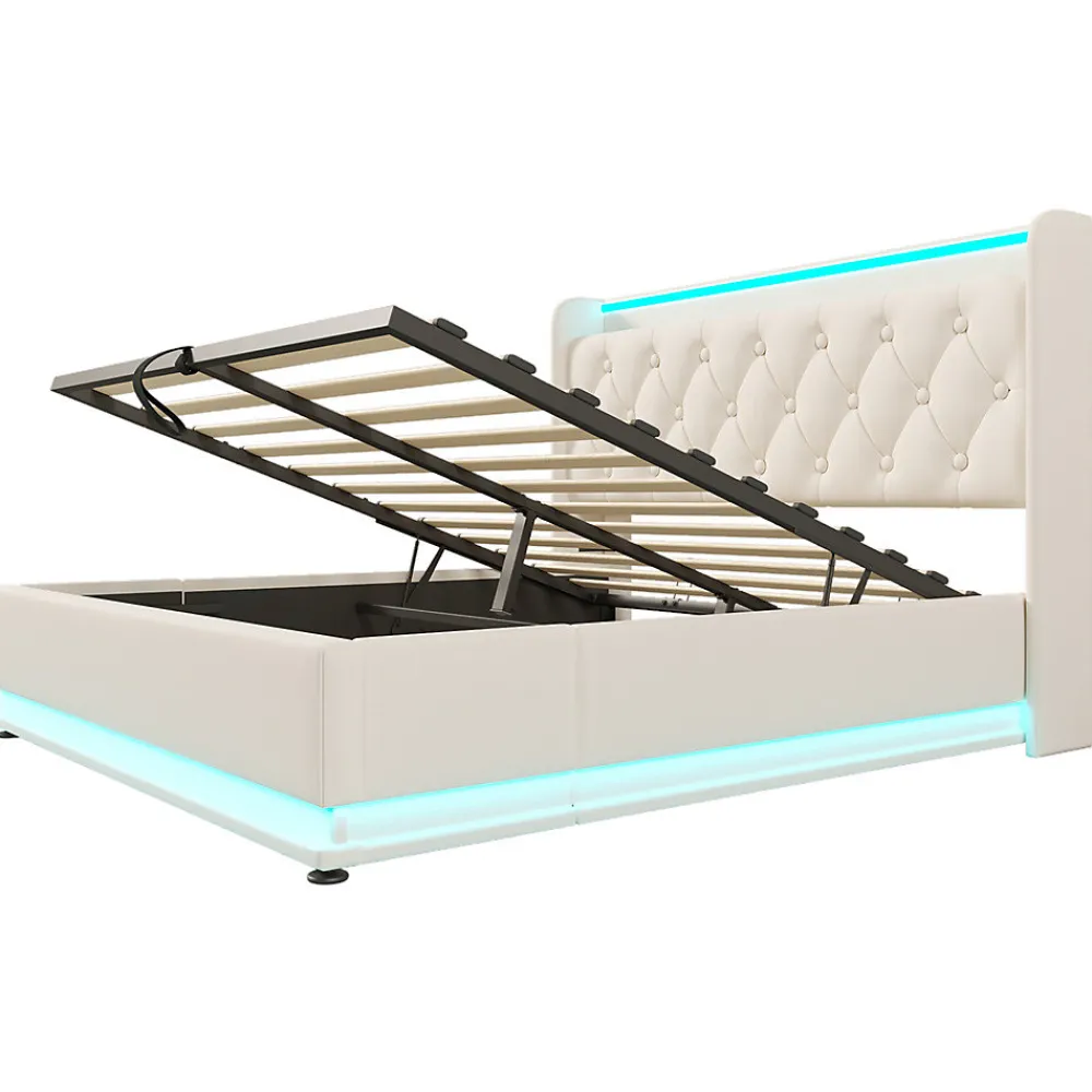 Lit rembourré hydraulique 140x200cm, lit de rangement, tête de lit avec fonction de chargement usb typ-c, pu, blanc, sans matelas>Gutent Clearance