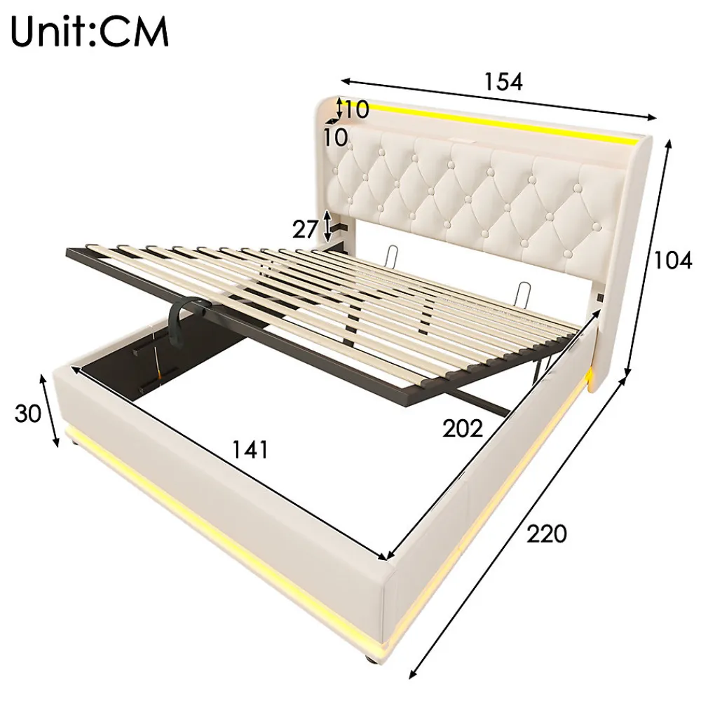 Lit rembourré hydraulique 140x200cm, lit de rangement, tête de lit avec fonction de chargement usb typ-c, pu, blanc, sans matelas>Gutent Clearance