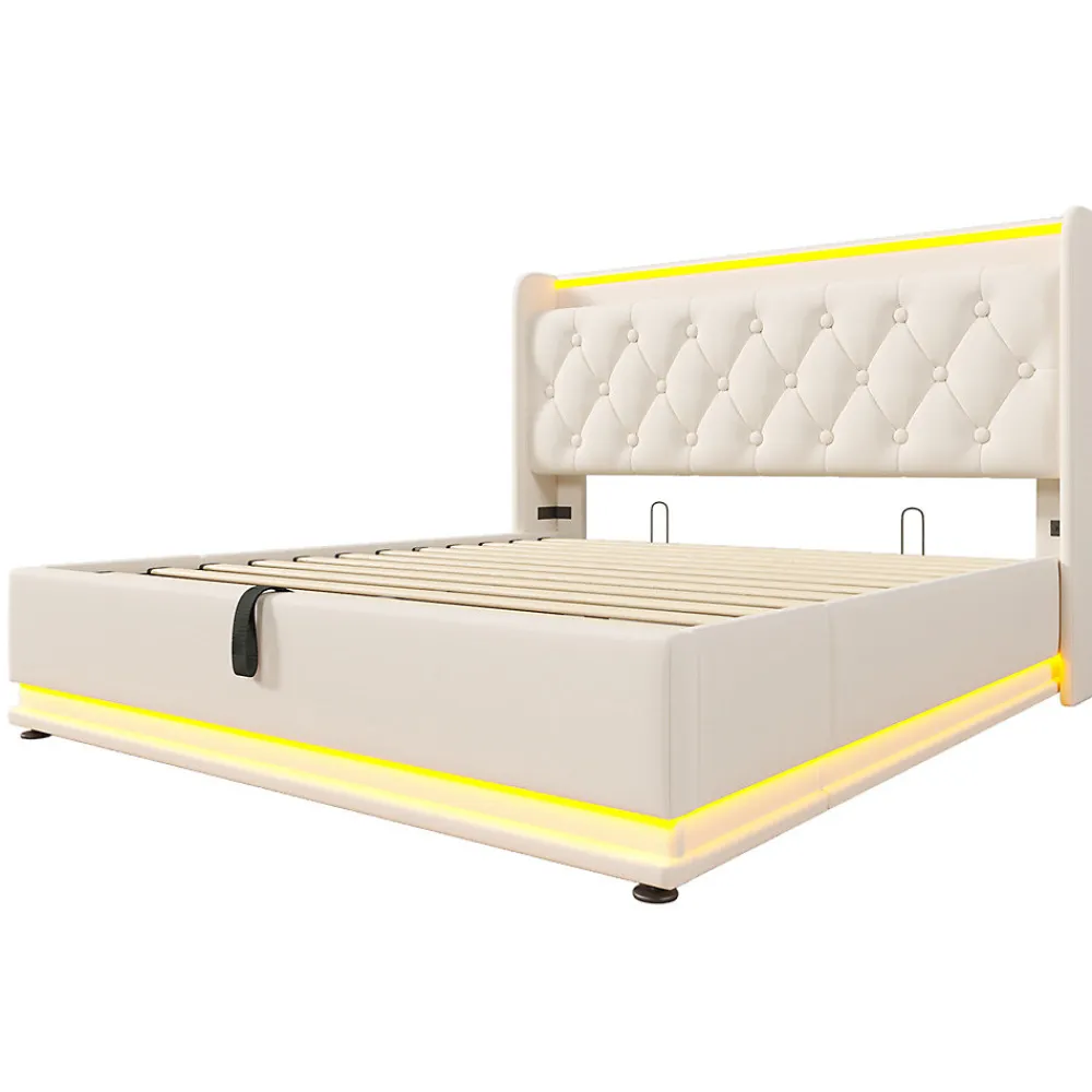Lit rembourré hydraulique 140x200cm, lit de rangement, tête de lit avec fonction de chargement usb typ-c, pu, blanc, sans matelas>Gutent Clearance