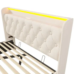 Lit rembourré hydraulique 140x200cm, lit de rangement, tête de lit avec fonction de chargement usb typ-c, pu, blanc, sans matelas><noscript><img width=