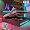 Lit rembourré hydraulique 140x200 cm lit de rangement lit usb lit en métal lit cadre à lattes en bois lit led double lin gris>Gutent Discount