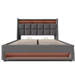 Lit rembourré hydraulique 140x200 cm lit de rangement lit usb lit en métal lit cadre à lattes en bois lit led double lin gris>Gutent Discount